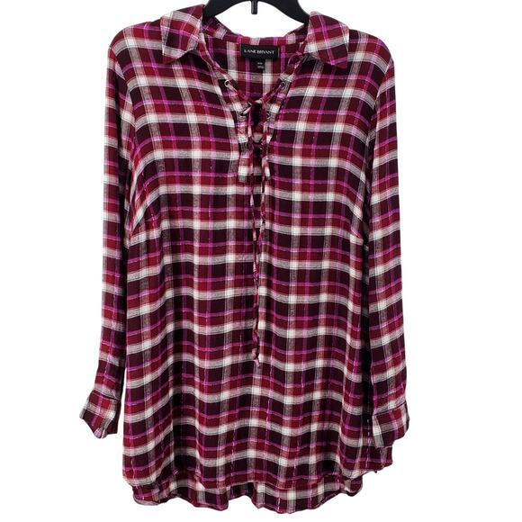 Lane Bryant 14/16 Purple Pink Rayon Flannel Plaid Lace Up Collar Top Pre-Owned - Picture 1 of 7